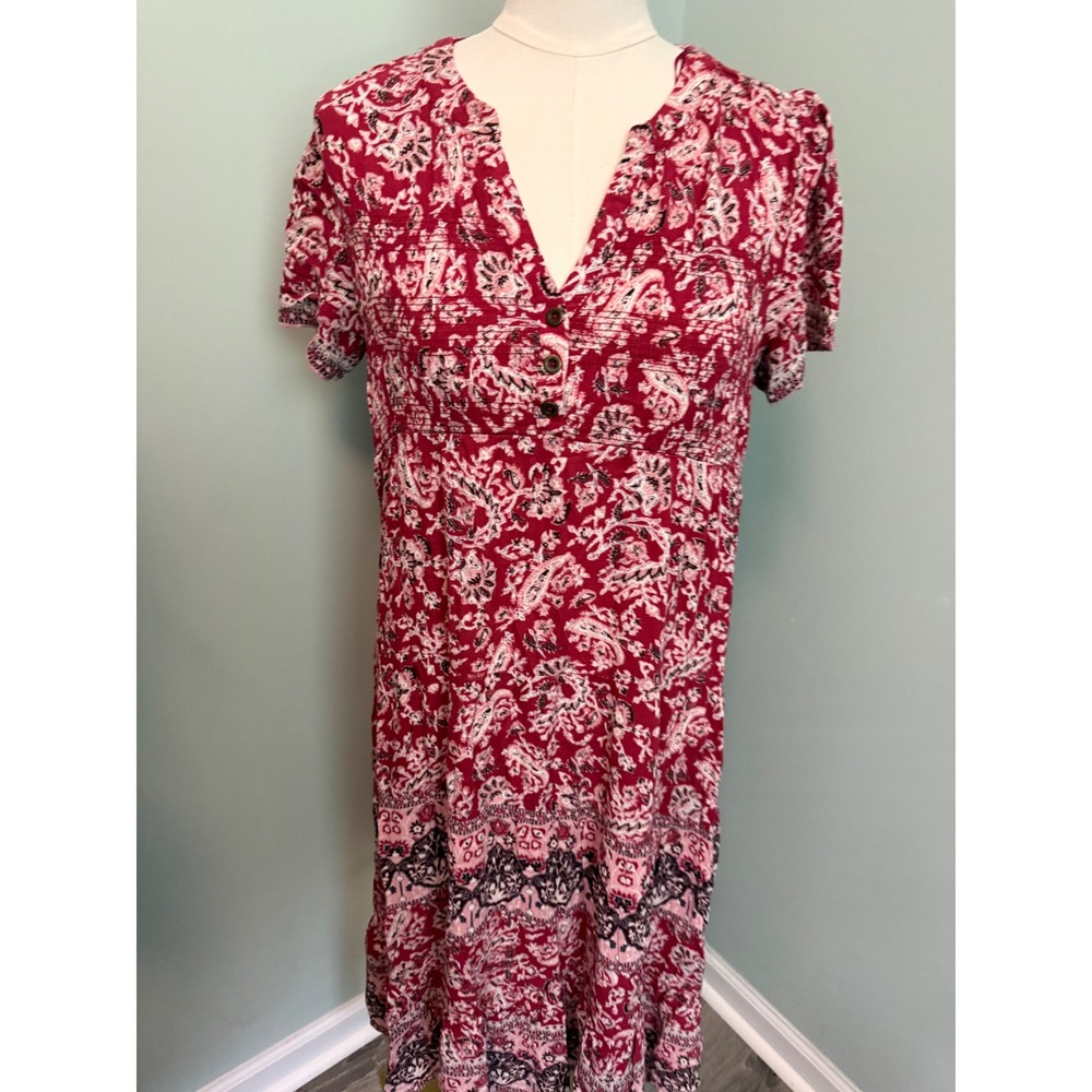 Knox Rose Red Paisley Smocked Midi Dress Short‎ Sleeve Boho Tiered Size S